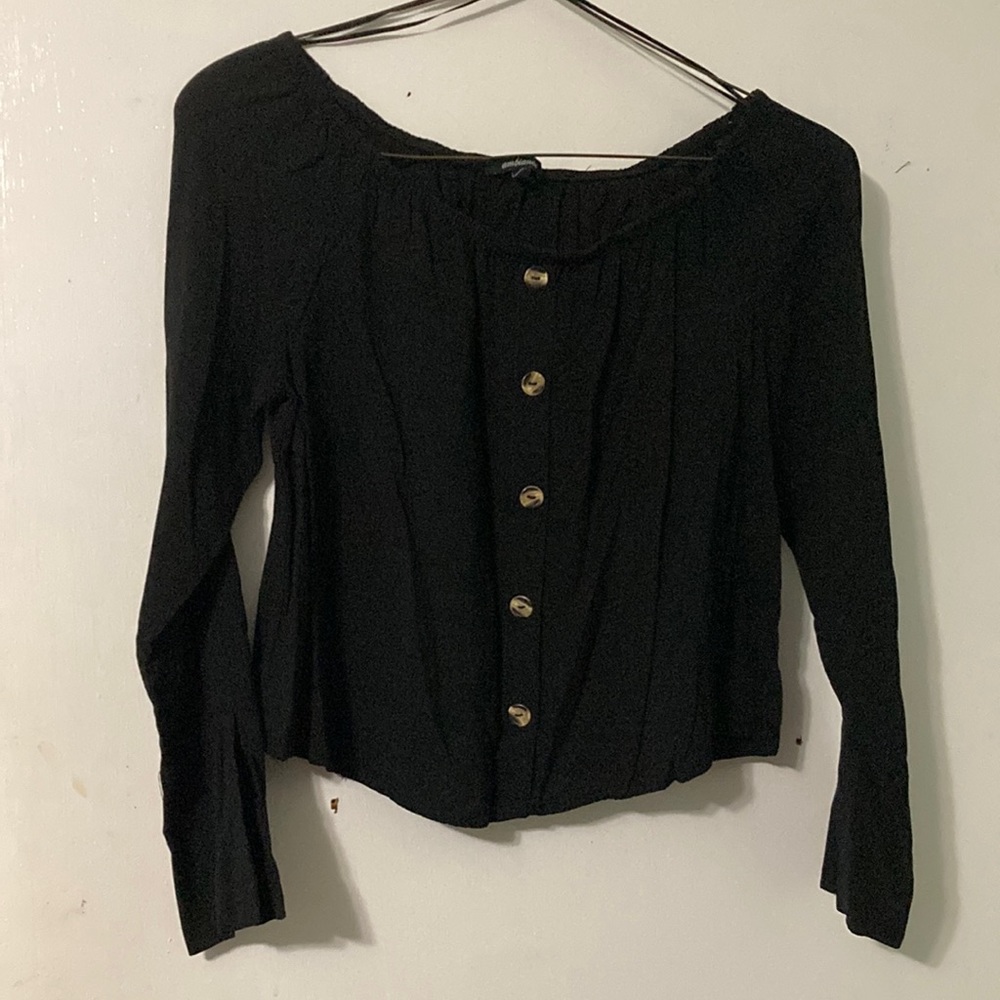 Black ,button down ,flared sleeves off the shoulder